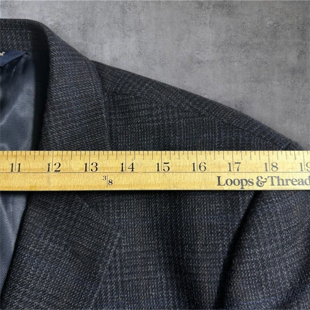JOSEPH & FEISS Mens Blazer 44L WOOL Navy Sport Coat Two Button Jacket Windowpane